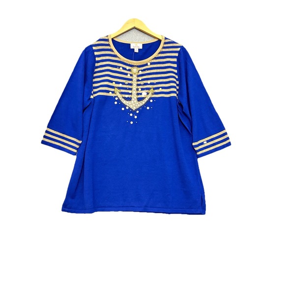 Quacker Factory Sweaters - Quacker Factory Womens 1X Blue‎ Gold Metallic Beaded Anchor Sweater Nautical Art